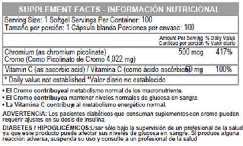GTF CHROMIUM PICOLINATE (CROMO PICOLINATO) 500MG X 100 SG * HEALTHY AMERICA